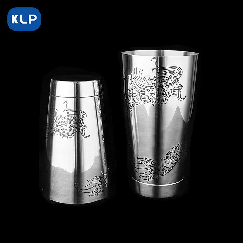 KLP波士顿摇壶龙纹蚀刻带底专业调酒器两段式不锈钢雪克壶shake