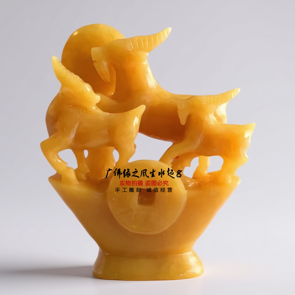 米黄玉三羊开泰摆件 招财镇宅元宝生肖羊客厅办公室开业乔迁礼品