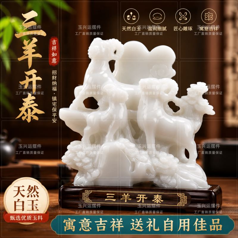 白玉三羊开泰摆件玉石生肖羊招财纳福镇宅客厅玄关办公室装饰礼品