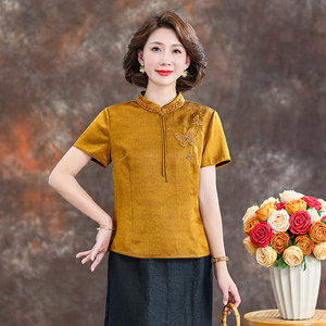 齐黛新中式大品牌香云纱上衣女2025夏季新款短袖洋气妈妈真丝衬衫