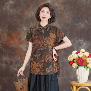 齐黛品牌花罗香云纱新中式上衣女2025新款短袖优雅妈妈装真丝衬衫
