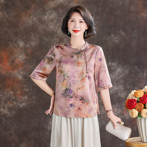 齐黛品牌妈妈真丝蚕桑丝上衣女2025夏新款五分袖印花气质优雅衬衫