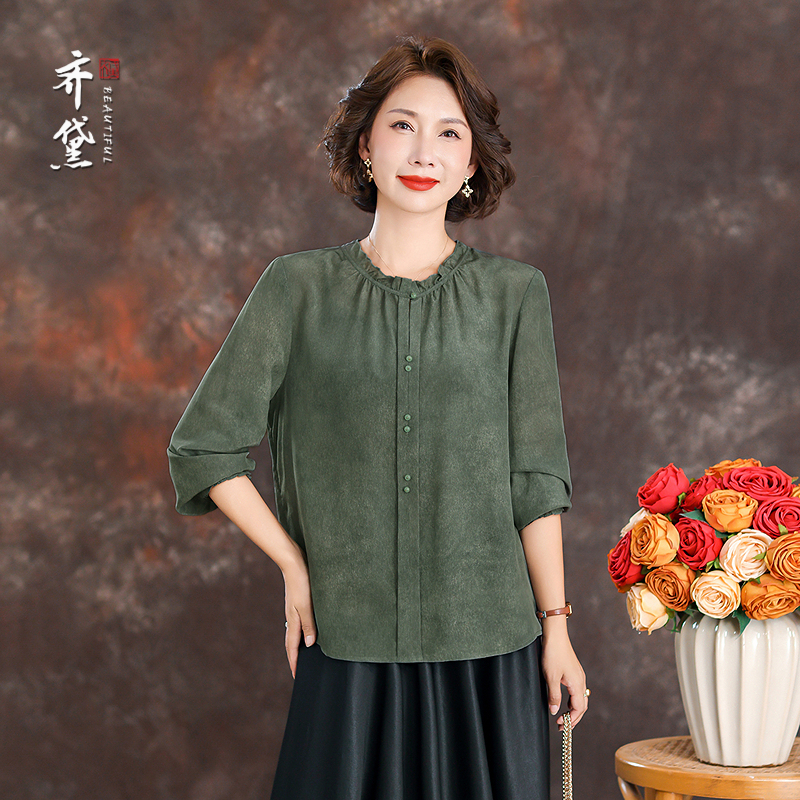 齐黛品牌妈妈真丝上衣女2025秋季新款五分袖洋气减龄桑蚕丝衬衫