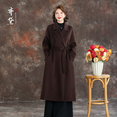 棕色双面羊绒品牌大衣女2025秋冬新款中长款宽松妈妈装羊毛呢外套
