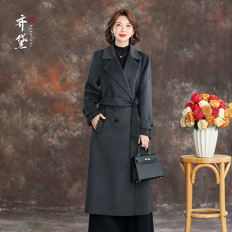 灰色双面羊绒大衣女中长款2025年新款秋冬季高端高级感羊毛呢外套