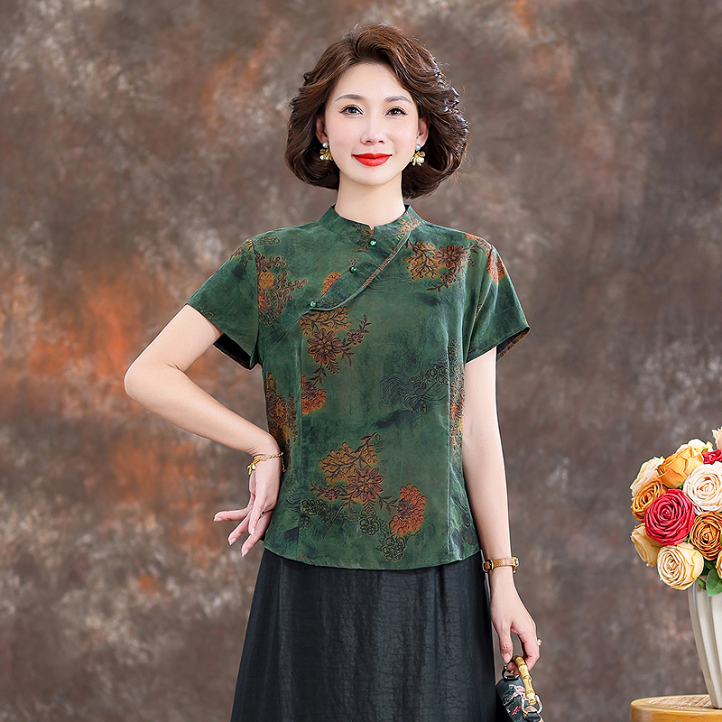 齐黛新中式香云纱高端女装正品上衣2025新款短袖复古洋气真丝衬衫
