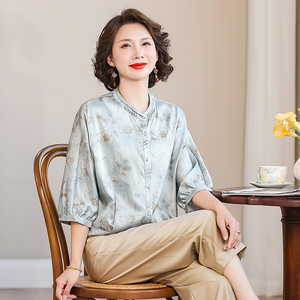 齐黛品牌真丝上衣女2025春夏新款立领复古优雅妈妈装桑蚕丝衬衫