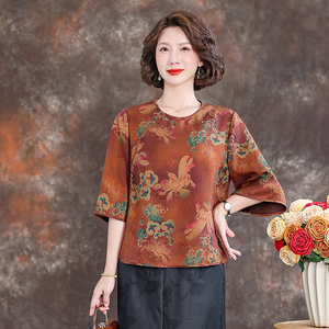 齐黛品牌香云纱新中式上衣女2025新款圆领妈妈洋气桑蚕丝真丝衬衫