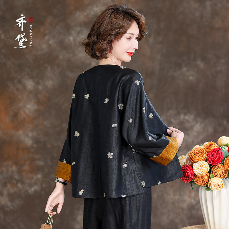 黑色龟纹香云纱上衣女新款长袖宽松显瘦新中式妈妈桑蚕丝真丝外套