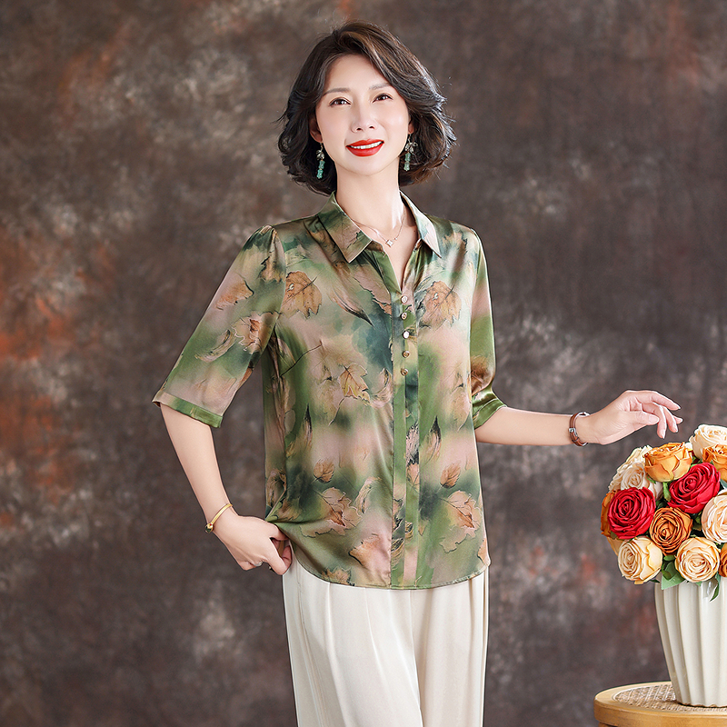 齐黛品牌妈妈真丝上衣女2025夏季新款五分袖衬衣复古桑蚕丝衬衫