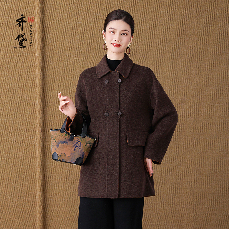 咖色双面羊绒大衣女2025冬新款中老年妈妈冬天加厚保暖羊毛呢外套