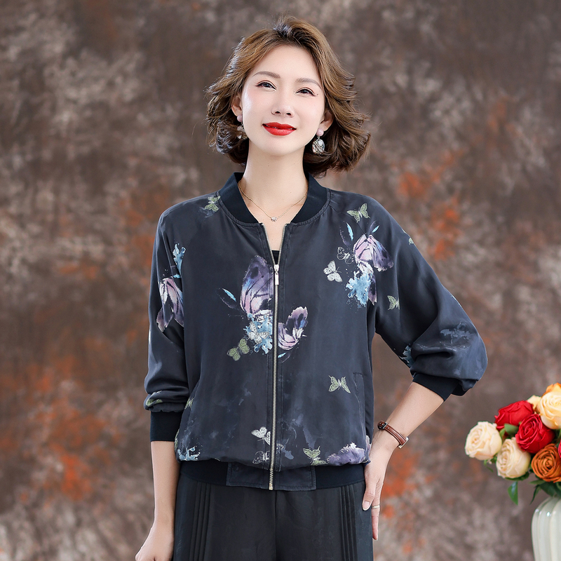 女士短外套春秋款真丝棒球服女2025春秋新款桑蚕丝开衫上衣妈妈装