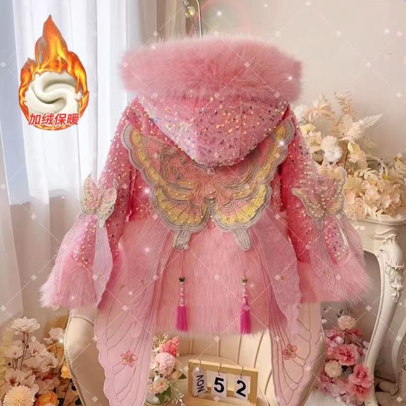 女童皮草派克服冬装2026新款洋气儿童加绒加厚连帽保暖毛毛衣外套