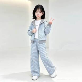 女童套装2026春季新款条纹连帽上衣阔腿裤韩版休闲中大童时髦童装
