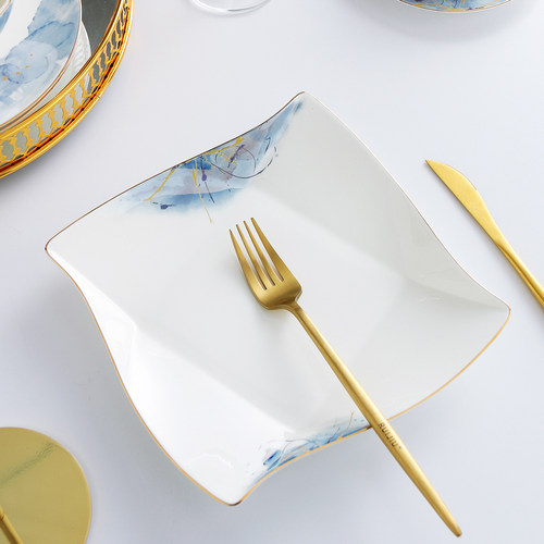 轻奢家用骨瓷8英寸折纸盘异形菜盘金边创意沙拉盘炒菜盘子四方盘