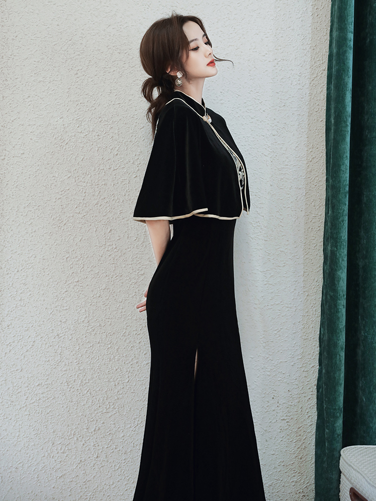 Black velvet lightweight cheongsam, elegant long elite evening dress, light style