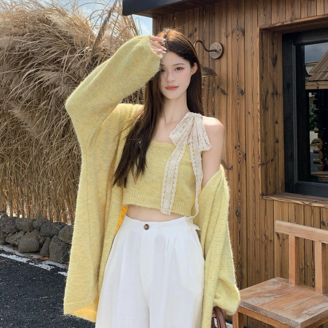 2025新款秋冬季针织开衫毛衣女秋冬新款蕾丝吊带外穿两件套