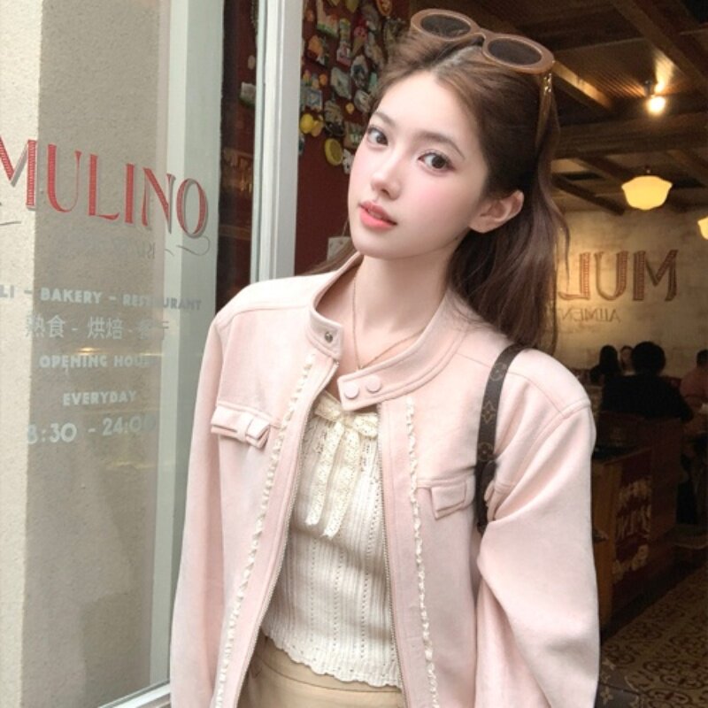 2025韩系短款长袖粉色廓形麂皮外套女秋季美式棒球服夹克显白上衣