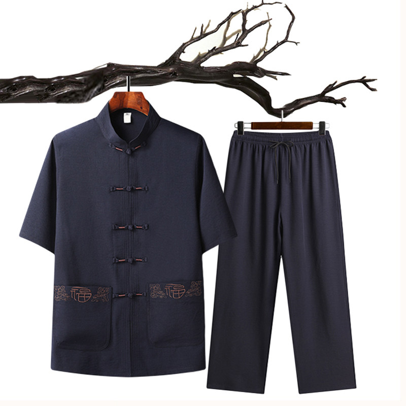 风盘扣太极服汉服中老年夏季短袖唐装禅意套装爸爸装T215P45图片