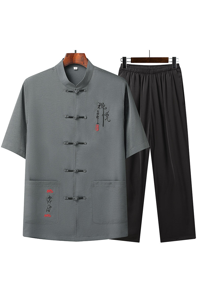 T208P55爸爸装太极服风盘扣汉服中老年夏季短袖唐装禅意套装,男装民族服装,星座1108-2