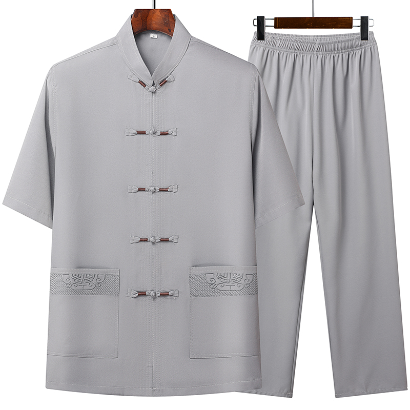 T203P42中老年短袖唐装两件套爸爸装太极服风盘扣汉服居士服，男装民族服装，星座1108-2