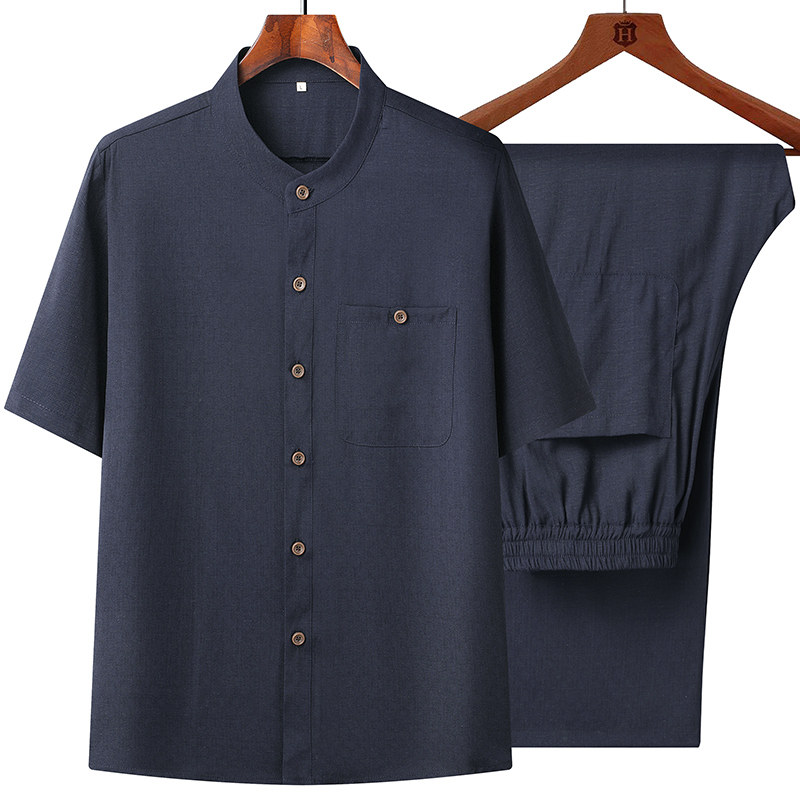 T207P85爸爸装太极服风盘扣汉服中老年夏季短袖唐装爷爷套装,男装民族服装,星座1108-2