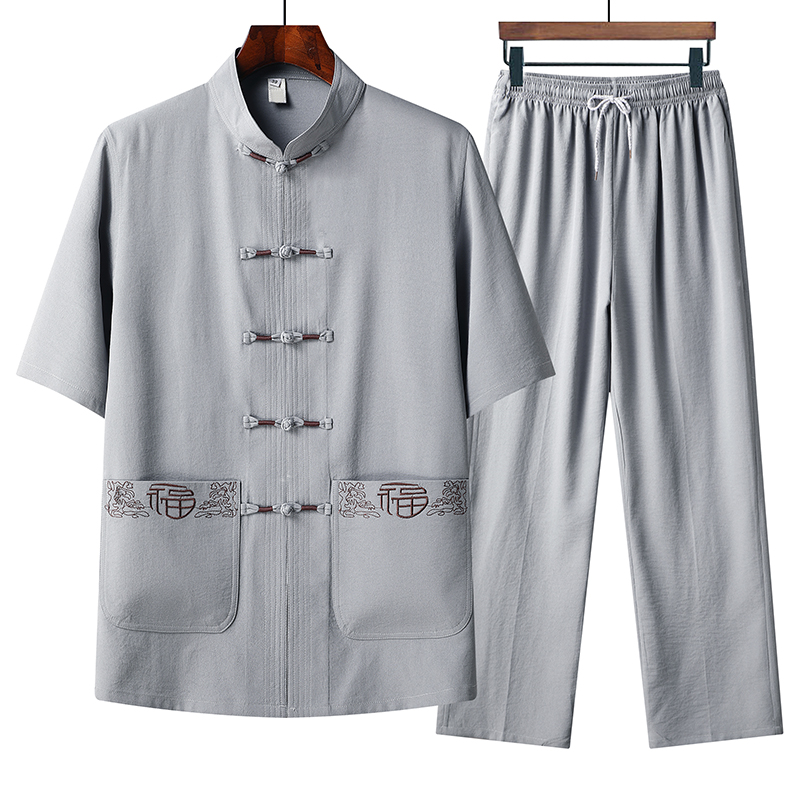 T215P45太极服风盘扣汉服中老年夏季短袖唐装禅意套装爸爸装，男装民族服装，星座1304