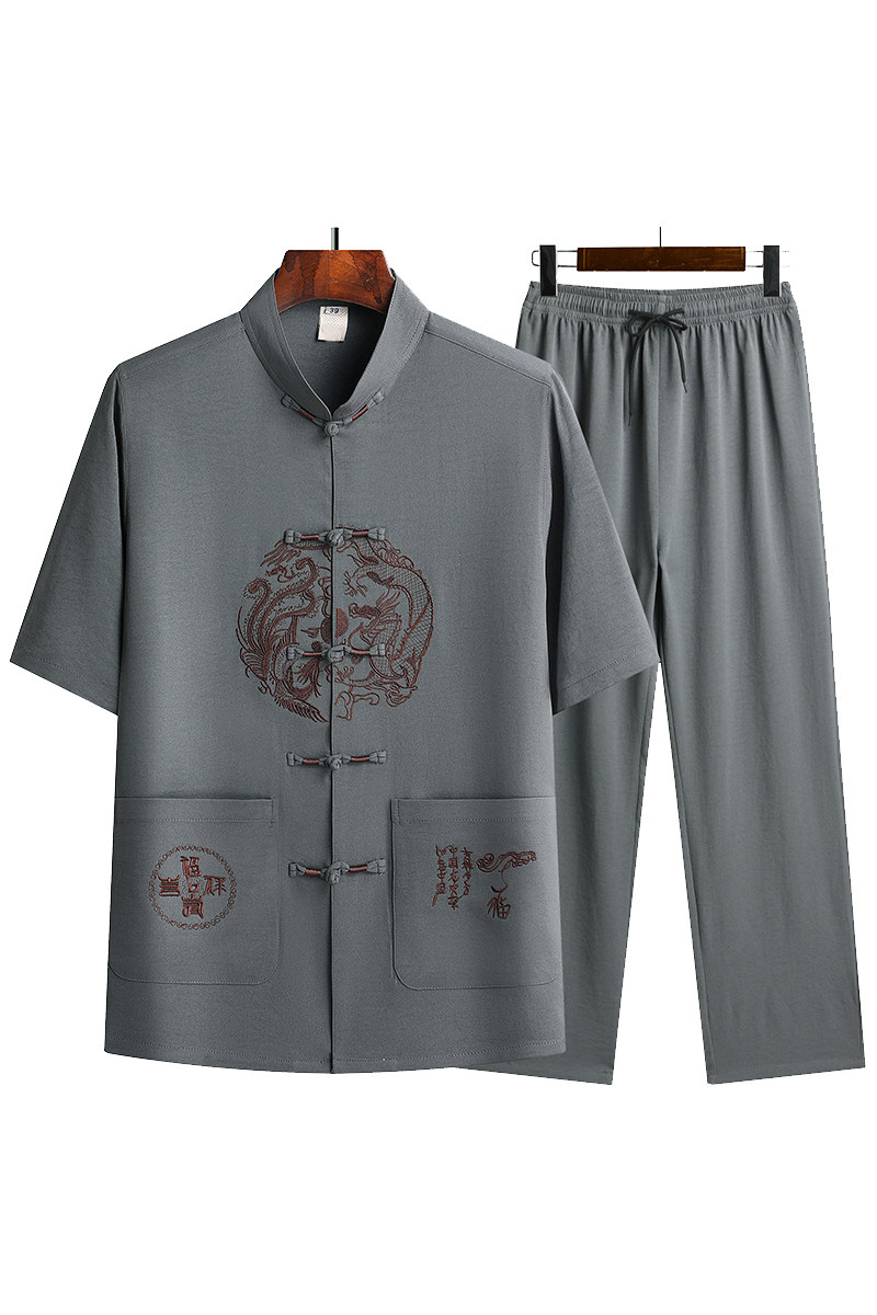 特批T211P40风盘扣汉服夏季短袖唐装套装爸爸装太极服,男装民族服装,星座1108-2