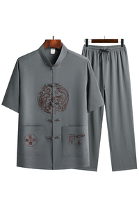 特批T211P40风盘扣汉服夏季短袖唐装套装爸爸装太极服图片