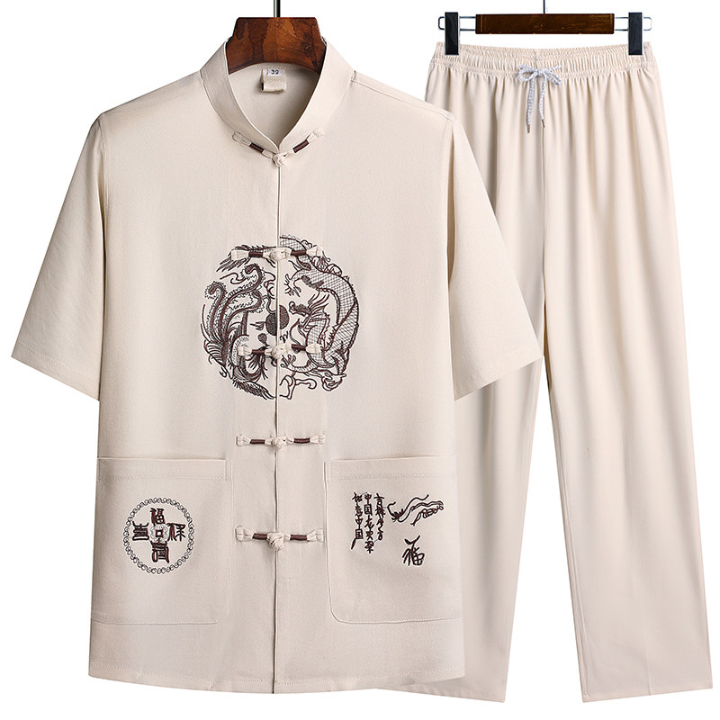 特批T211P40风盘扣汉服夏季短袖唐装套装爸爸装太极服,男装民族服装,星座1108-2