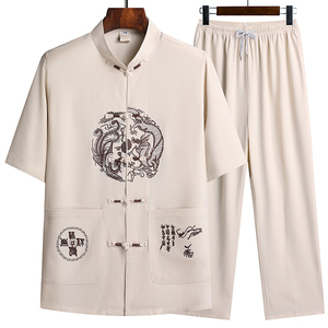 特批T211P40风盘扣汉服夏季短袖唐装套装爸爸装太极服图片