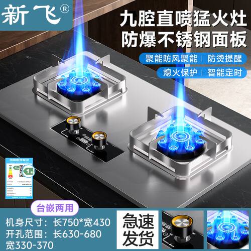 新飞不锈钢燃气灶台嵌两用一级能效双灶直喷增压煤气炉灶具大火力