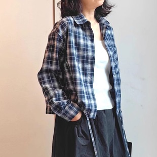 衬衣小个子 女设计感下摆抽绳长袖 森系轻薄亚麻短款 黑白格子衬衫
