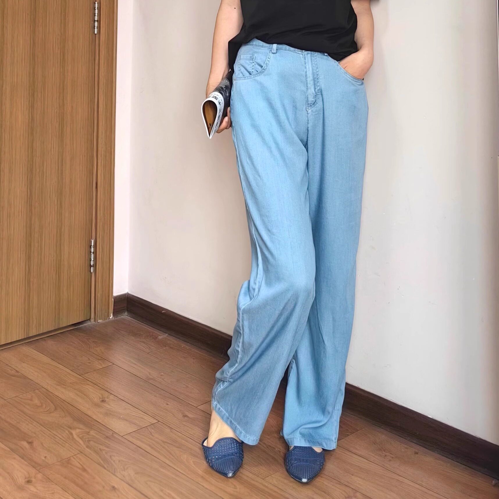绿袖子醋酸天丝空调裤超薄防晒牛仔裤松紧腰垂感软糯直筒裤图片