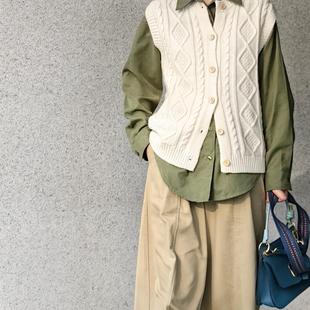 馬甲中古麻花紋理疊穿紐扣針織背心 舒適奶乎乎圓領羊毛開衫