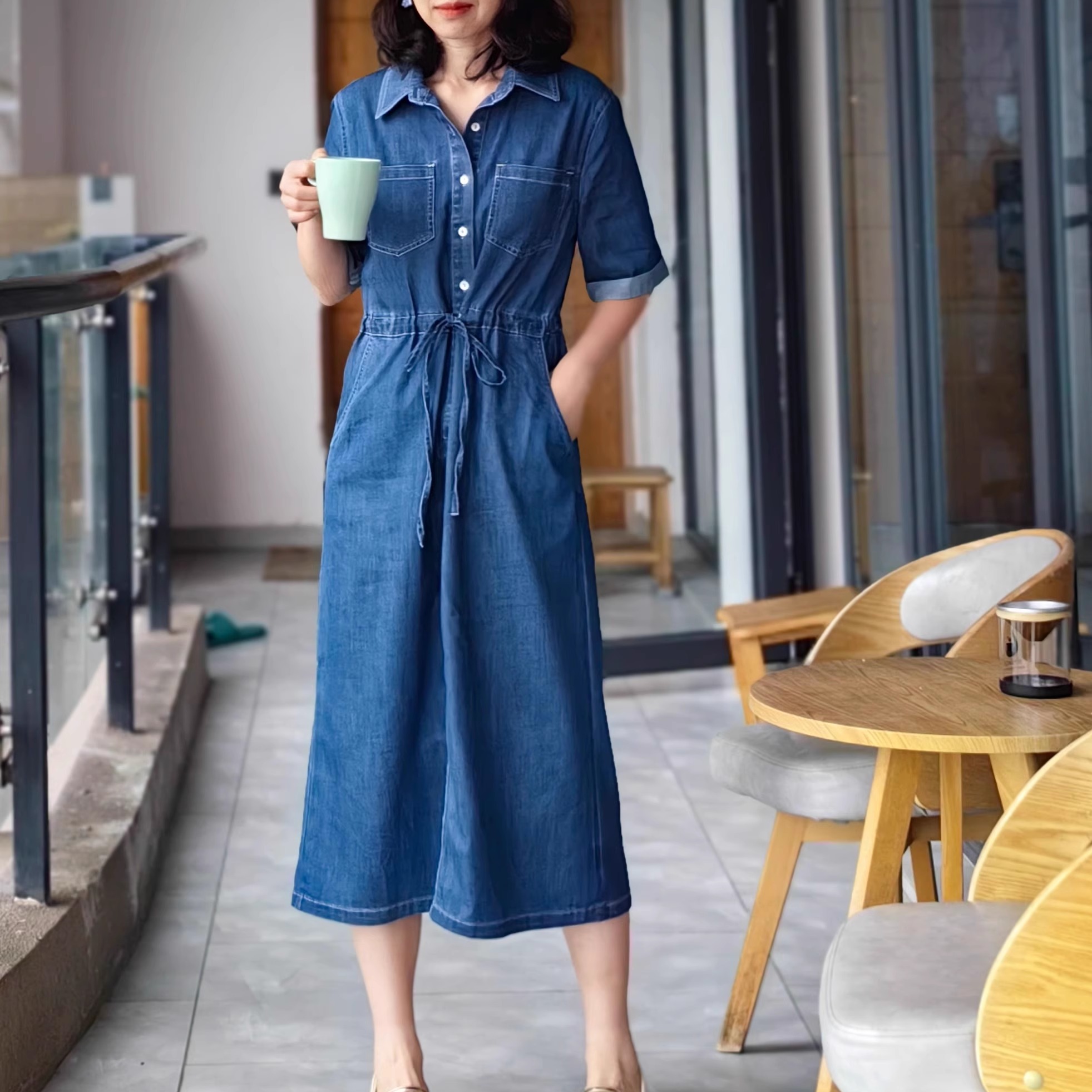 绿袖子港风工装牛仔连衣裙宽松H版抽绳收腰显瘦中长款