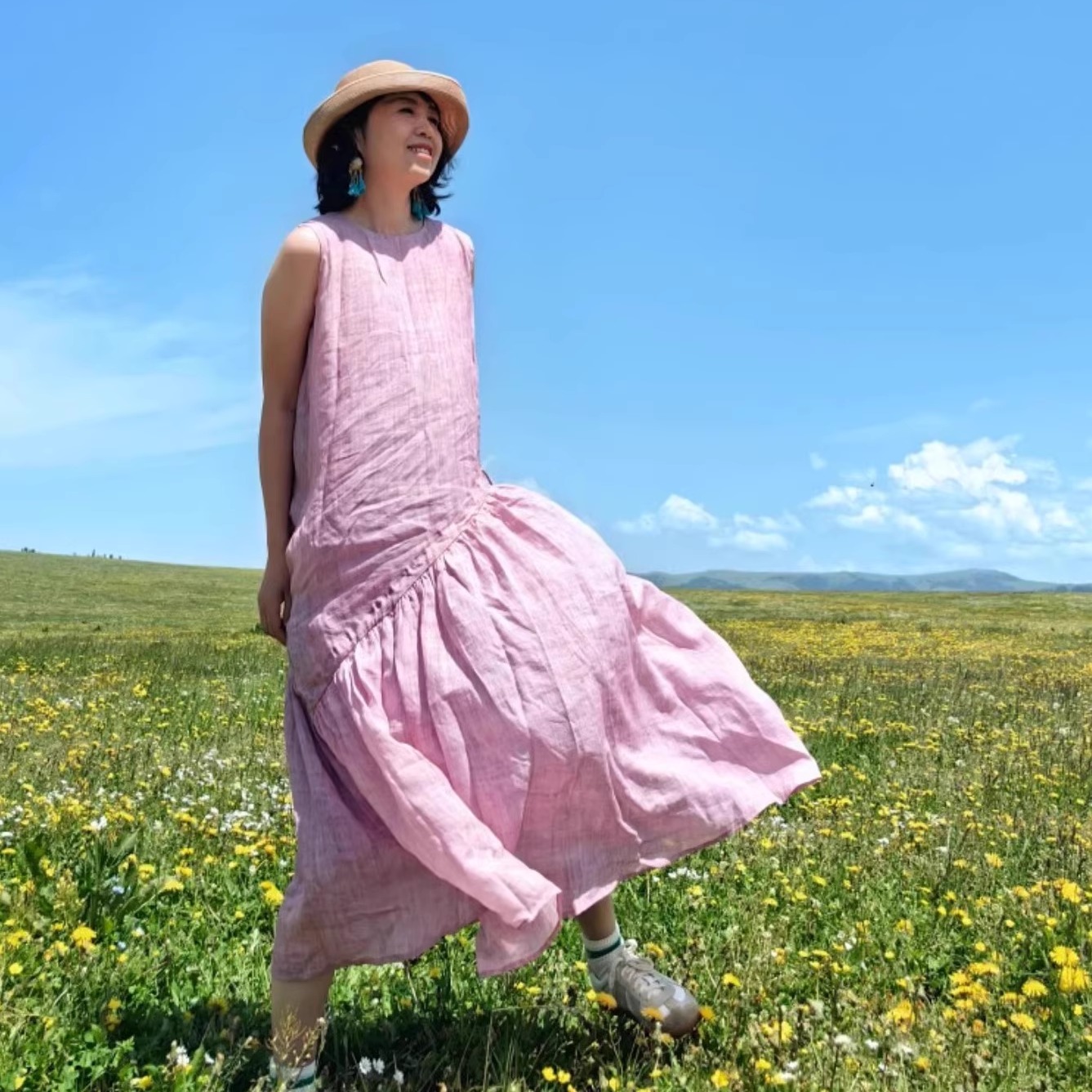 植物系柔玫瑰色A摆连衣裙抽褶无袖背心裙天丝苎麻元气清凉