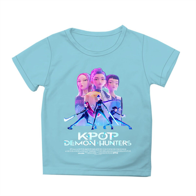 thumbnail for KPop Demon Hunters Witch Hunters Print Crew Neck Short Sleeve T-Shirt Loose Kids Top