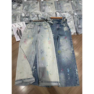 深圳高端2026早春新款系带一粒扣高腰彩绘宽松直筒阔腿牛仔裤女