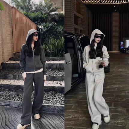 5566欧洲站休闲套装2025早秋装新款加绒连帽卫衣直筒裤两件套女