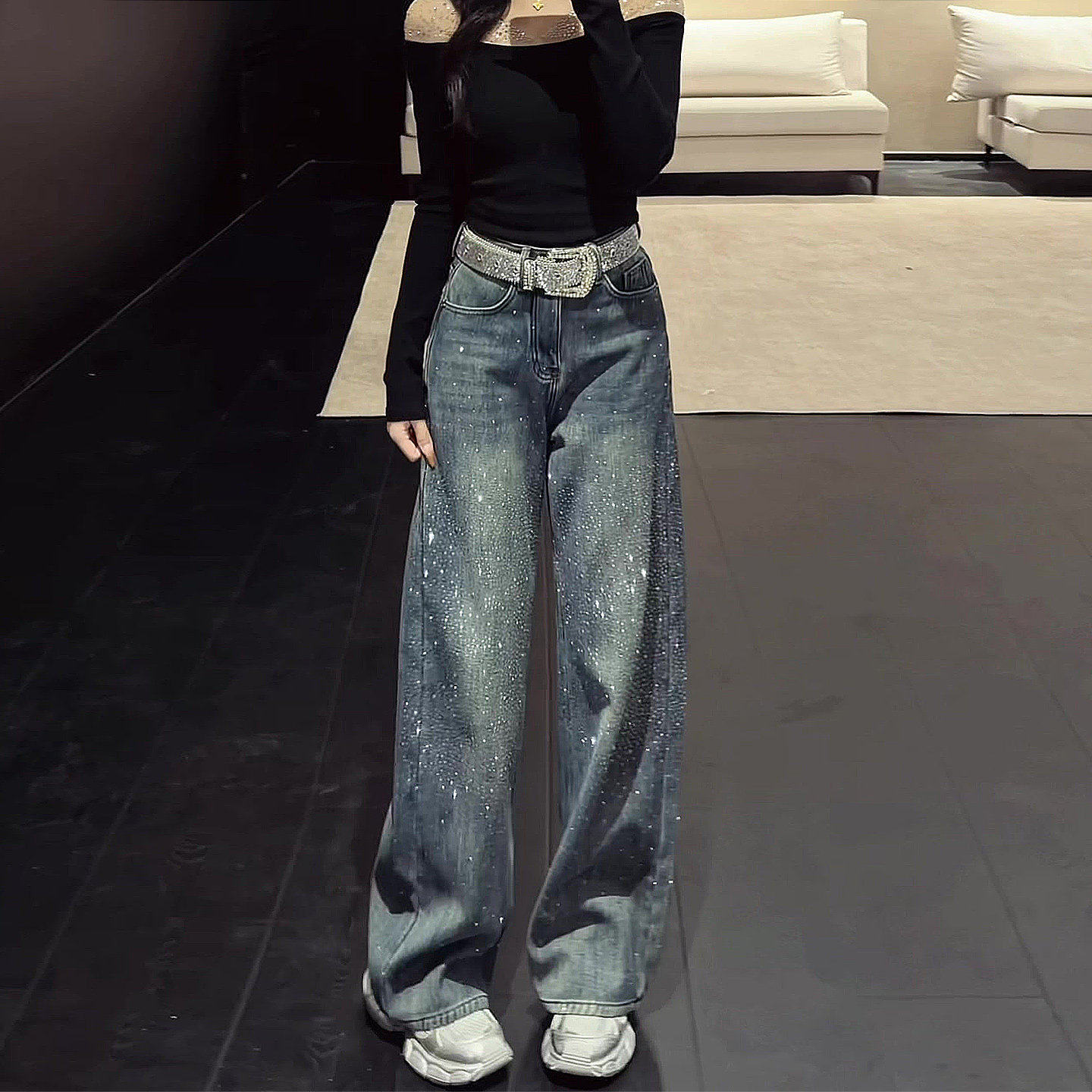 满天星烫钻蓝色小个子显瘦阔腿牛仔裤女2026春季新款加绒弯刀裤子,女装/女士精品,大码裤装,淘宝优惠券,粉丝福利购,淘宝优惠卷