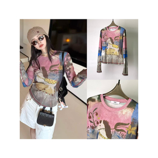 深圳2026春新款 圆领百搭显瘦气质简约晕染小马网纱上衣女 时尚