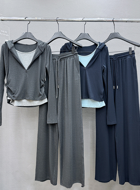 秋冬欧货显瘦灰色连帽假两件上衣高级感时尚阔腿裤两件套休闲套装