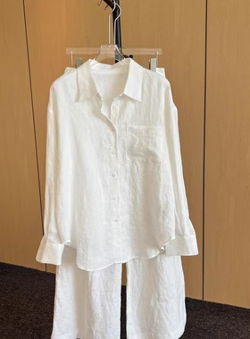 南油高版本套装女2025新款亚麻白色衬衫阔腿裤长裤欧货两件套春夏