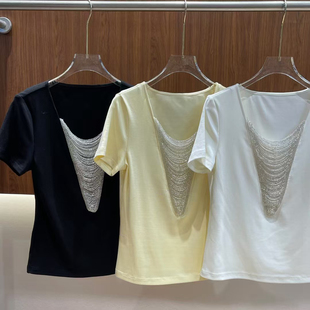 深圳名媛独特漂亮网纱拼接秀珠V领T恤女装 T恤 设计卡腰褶皱短袖