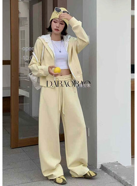 欧美拉链连帽卫衣外套套装女新款刺绣卫裤女高腰休闲运动长裤潮
