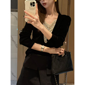 优雅名媛轻奢风气质奢华V领珠钻链条修身 显瘦丝绒长袖 上衣内搭女