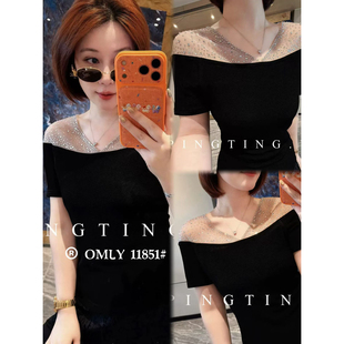 2026年春夏新款 烫钻星芒网纱拼接针织上衣轻奢浪漫优雅性感短袖