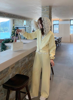 欧洲站2025春季新款V+.COM欧货蕾丝连帽外套+直筒休闲裤套装60658