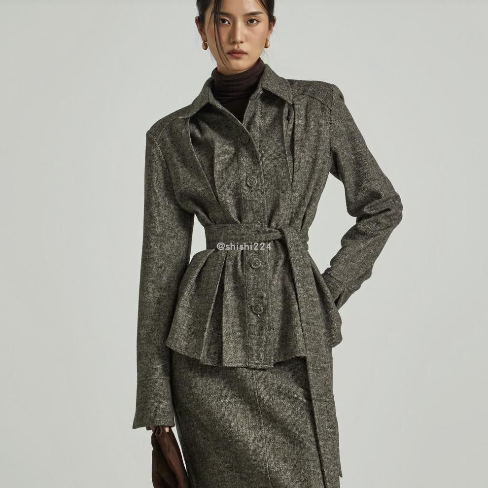 韩国直邮DINT正品代购前面裥褶长袖翻领修身腰带羊毛混纺衬衫